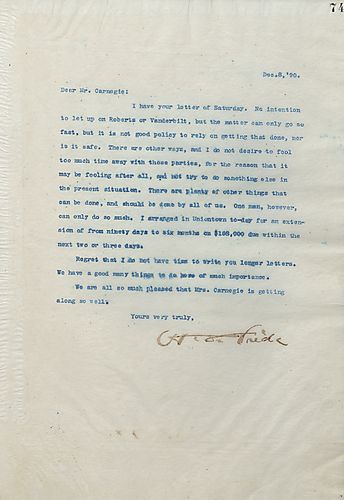 Frick writes Carnegie that he will not let up on Vanderbilt or Roberts and details an upcoming business trip