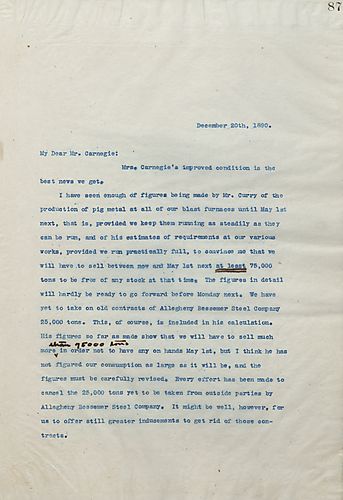 Frick writes Carnegie to discuss the projected rail production and how that affects contracts and the desire to be free of stock