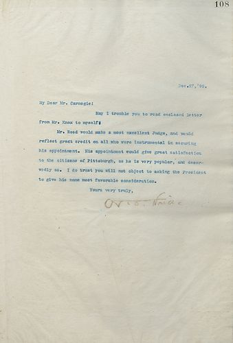 Frick writes on Mr. [Philander] Knox asking Frick if he would recommend Mr. [James] Reed for a judicial appointment