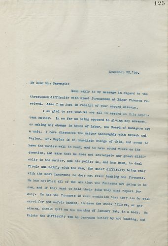 Frick writes Carnegie about an impending strike and how he thinks it should be handled, which he has left to a Mr. Gayley to oversee