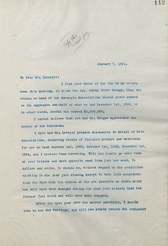 Frick asks Carnegie to look over statements on stock comparisons of finished products and materials for use on hand for Jan. 1889, Oct. 1890, and Dec. 1890. [Statements included]