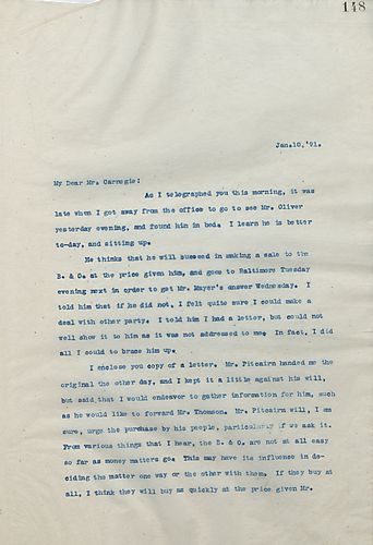 Frick writes Carnegie to inform him that Frick feels it is in their interest to drop the Pittsburgh and Western railroad in favor of the B & O due to pricing