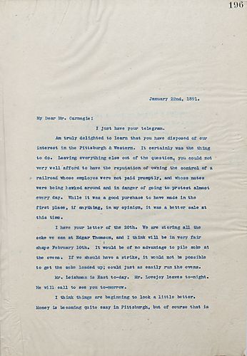 Frick writes that he is glad Carnegie disposed of their stock in Pittsburgh & Western and that they are storing as much coke as possible at Edgar Thomson
