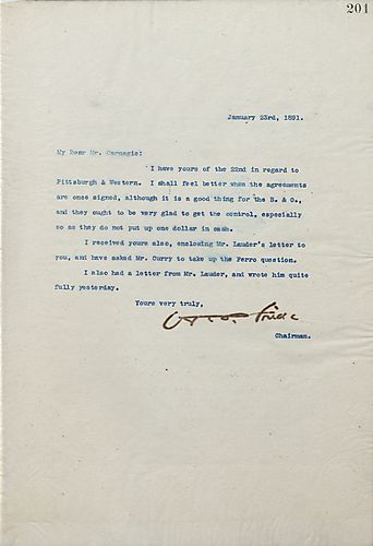 Frick writes Carnegie to extend his comfort with the deal to be signed regarding the Pittsburgh and Western railroad