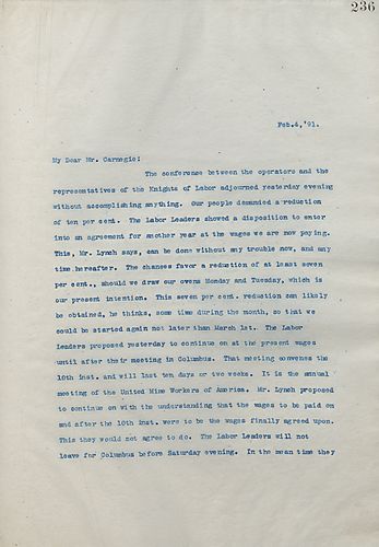 Frick writes on the status of discussions with the Knights of Labor involving Frick Coke Company and McClure Coke Company