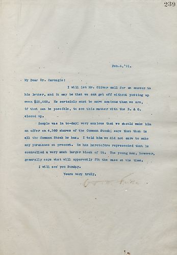 Frick writes that Mr. [Henry] Oliver wants an answer to his letter, and Semple would like them to make him an offer on 4,500 shares of the Common Stock