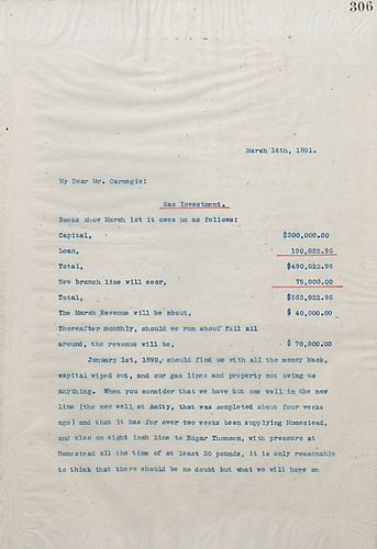 Frick writes Carnegie to inform him of the gas line and projects how profitable it will be, saving them money in the long run