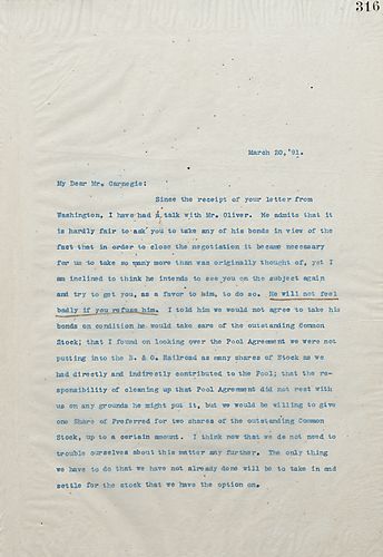 Frick writes on his conversation with Mr. [Henry] Oliver on his bonds, and will not feel badly if Carnegie refuses him
