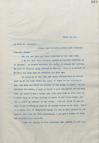 Frick writes Carnegie to inform him business is slow and mentions adjusting wages for the workers, he also asks Carnegie to not visit until April seeing as he wants all of his people home when Carnegie comes and the labor issue should be resolved by then