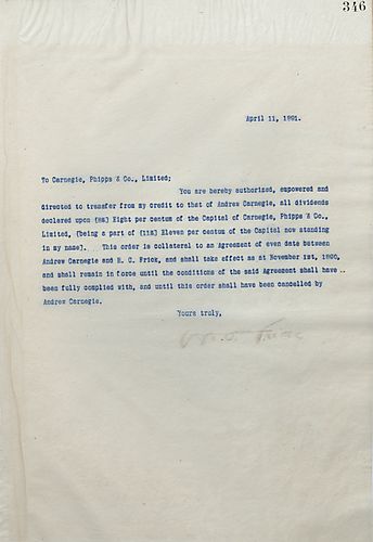 Frick writes on the authorization to transfer from his credit all dividends declared upon of the capital of Carnegie Brothers & Co