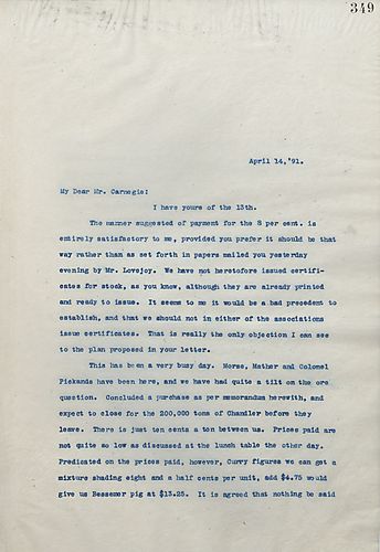 Frick writes Carnegie to inform him of a business meeting and to tell him that business is picking up