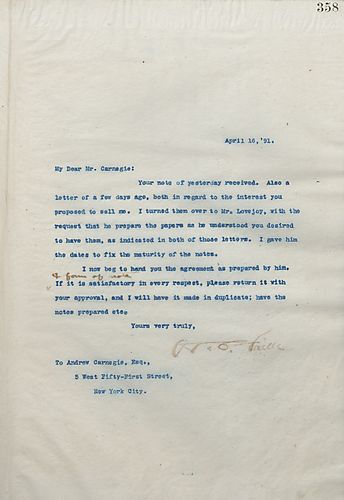 Frick received Carnegie's note from yesterday about selling his interest, and Frick sent it to [Francis] Lovejoy to prepare the papers