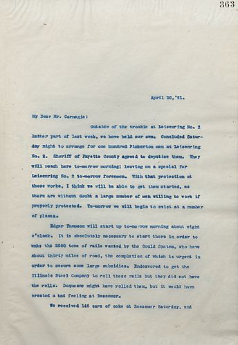 Frick writes Carnegie about the situation at Leisenring no. 2 where Pinkerton men have been called in to protect the men who do desire to work, he also mentions that business in general is picking up more