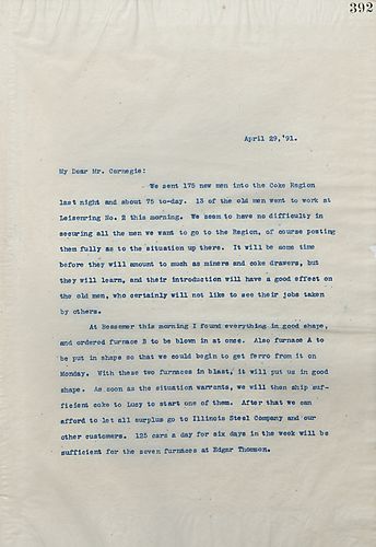 Frick writes that they sent more men into the Coke Region, and his found things in good shape during his visit to Bessemer