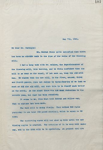 Frick writes on the status of the blooming mill, rail mill, and furnaces