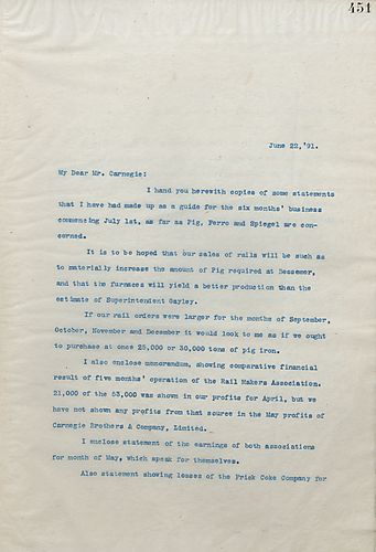 Frick writes on including statements and memorandums on financial results, the hot weather affecting Edgar Thomson, and business with McClure associations