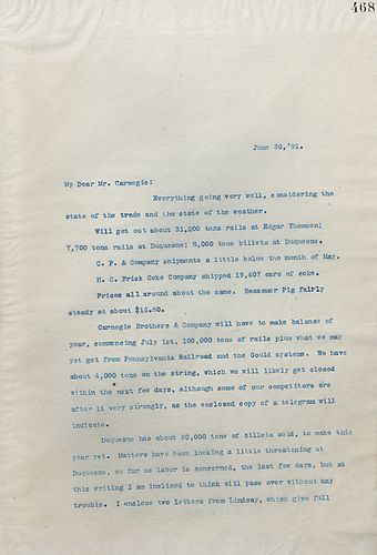 Frick writes on the amount of rail tonnage and coke produced and on settling with Mr. [Henry] Oliver over the Pittsburgh & Western bonds