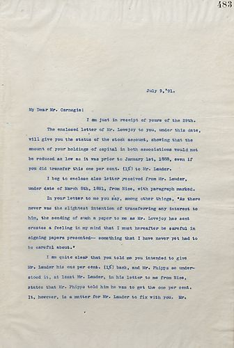 Frick writes on including a letter from Mr. [Francis] Lovejoy on his stock accounts, and on the discrepancy on promising Mr. [George] Lauder one percent