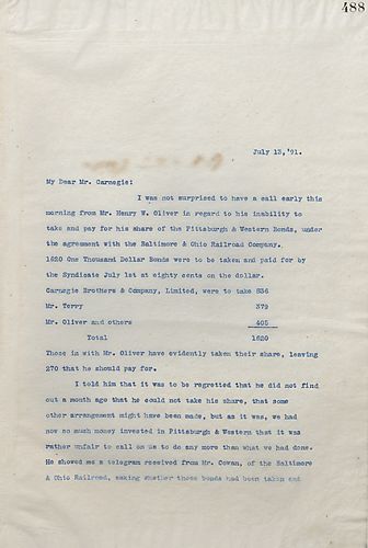 Frick writes on his conversation with Henry Oliver on his inability to take and pay for his share of the Pittsburgh & Western bonds