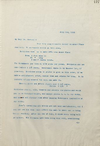 Frick writes Carnegie to update him on business, such as them taking on a government contract Bethlehem cannot fulfill, having a shortage of cars, and the resignation of the president of the Keystone Bridge Company