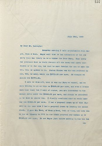 Frick writes to Carnegie to inform him of a bid that he had placed on a property that he felt should have been sufficient, but appears to have been outbid; he feels he was deceived by a the Boss