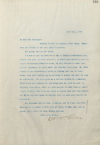 Frick writes Carnegie to inform him here has been no news on the farm bid and that he does not think they should ship any more rails to the Pittsburgh and Western Company unless they are compensated in something other than stock