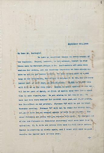 Frick writes on the the excellent demands, the status on the furnaces, the completion of the gas line to Amity [Homestead], coke business, and not having received the deed for the Poor Farm yet