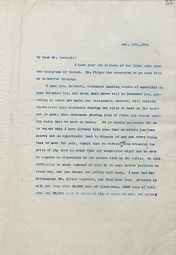 Frick writes Carnegie to inform him of the amount of unmade rails, and informs Carnegie that he and some associates have sold off as many resources as possible except pig iron, which will ensure their competitive edge in the rails industry