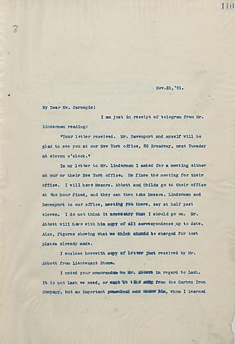 Frick writes Carnegie to inform him of a meeting Frick had with Mr. Linderman and to discuss the memorandum with Mr. Abbott