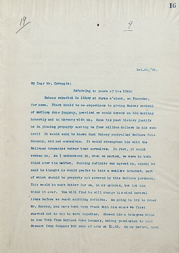Frick writes Carnegie to discuss Rainey taking control of the McClure Coke Company which has just been acquired by Frick and Carnegie