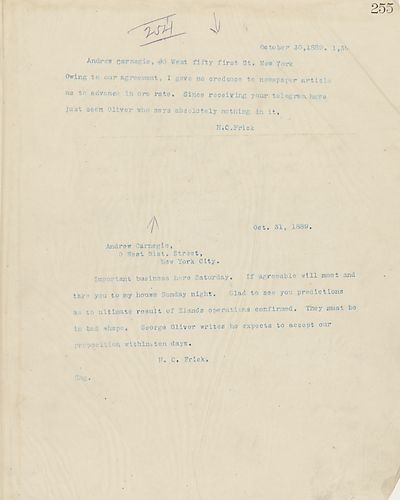 Frick states that he gives no credence to newspaper articles on ore rates, and has recently seen Oliver