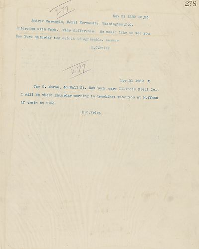 Frick wires Carnegie on his interview with [William] Park, and how Park would like to meet with Carnegie on Saturday in New York, [N.Y.]