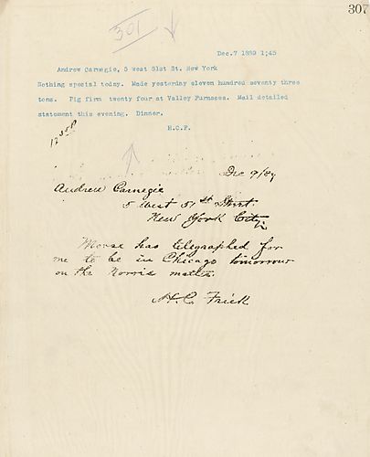 Frick wires Carnegie about a "pig firm", and he will mail a detailed statement later on