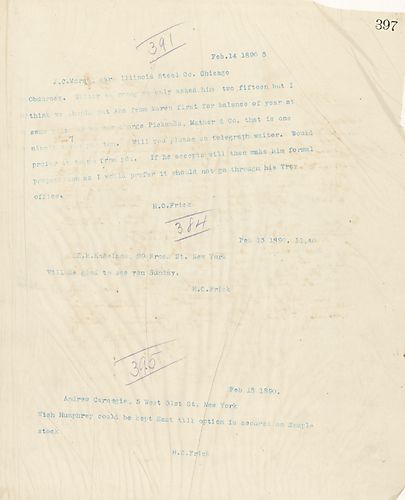 Frick tells Carnegie that he wishes Humphrey could be kept East until option is secured on Semple stock