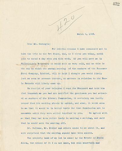 Frick writes that he will not be visiting the Ore Mines, would like to see Carnegie in Philadelphia for the Bessemer Steel Co., Ltd. annual meeting, responds to Carnegie's letter on the Pittsburgh central Railroad, and mentions the possibility of getting 