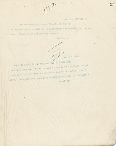 Frick writes that Carnegie hasn't responded to Frick's suggested meeting, and he would like him to do so