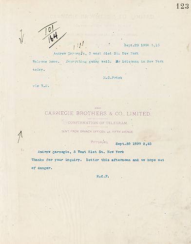 Frick welcomes Carnegie home and mentions that Mr. [John] Leishman is in New York, [N.Y.]. Beneath Frick thanks Carnegie for his inquiry
