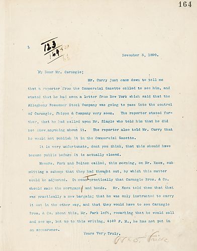 Frick writes that a report from the Commercial Gazette called Mr. Curry with private information, stating that Allegheny Bessemer Steel Company was going to be controlled by Carnegie, Phipps & Company soon