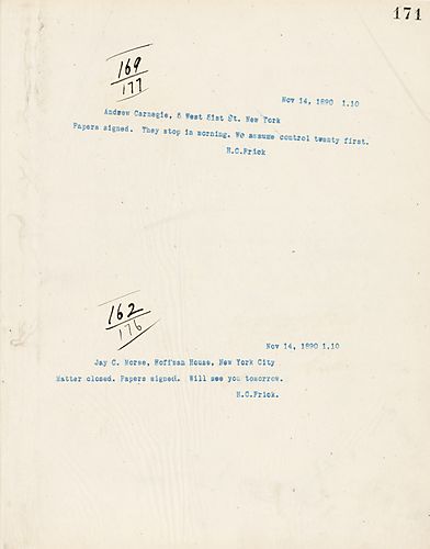 Frick wires Carnegie telling him that the papers are signed, and they will assume control on the 21st