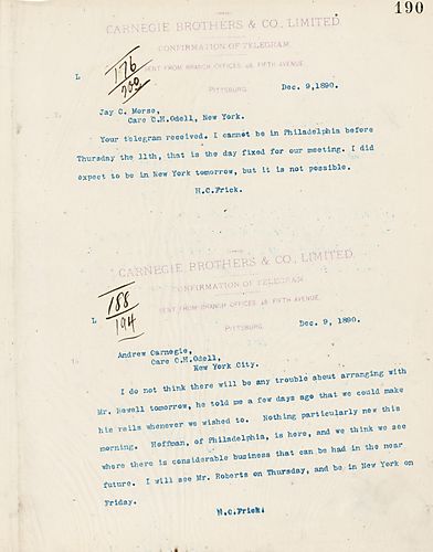 Frick wires Carnegie on the ability to arrange with Mr. Newell tomorrow. Also, Hoffman of Philadelphia is in town, and Frick includes his upcoming schedule