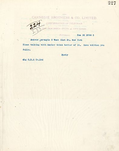 Frick wires Carnegie on Mr. Gayley and how he has written Carnegie