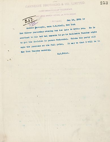 Frick writes that he saw [Henry] Oliver last night and was told that the party is expected to purchase at full price