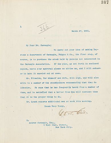 Frick writes to Carnegie on how to make Keystone a department of Carnegie, Phipps, & Company