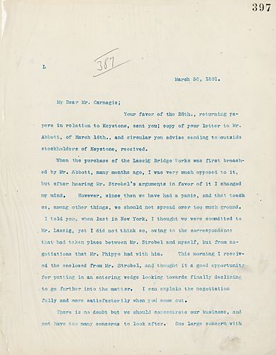 Frick writes on the purchase of Lassig Bridge Works and concentrating their business