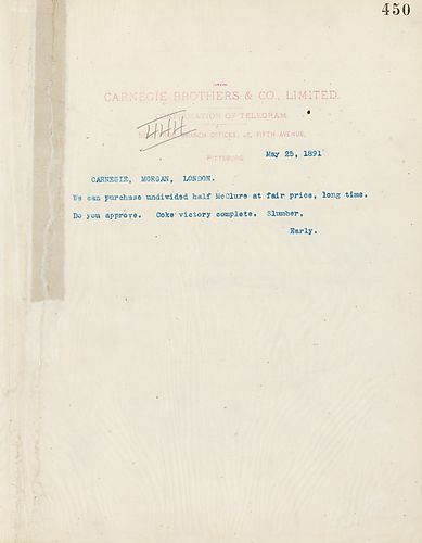 Frick wires Carnegie telling him that they can purchase undivided half McClure at fair price, and asks if he approves