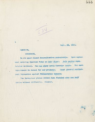 Frick writes on the agreement covering Sparrows Point, a court injunction against Philadelphia Company, and the status of Harveyized plates