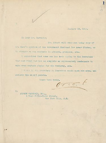Frick alerts Carnegie on a letter arriving from Mr. Knox on his opinion of the government's armor plate contract. Also, Frick thinks the Secretary should visit Homestead to withdrawal all doubts