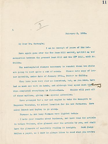 Frick writes on meeting with Mr. [Otis] Childs on the New Beam Mill matter and on arranging for the managers to visit Duquesne to select a new furnace location