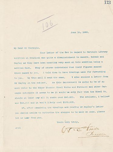 Frick writes on Gayley and Schwab's disappointment after reading Carnegie's letter about the addition to the Carnegie Library at Braddock