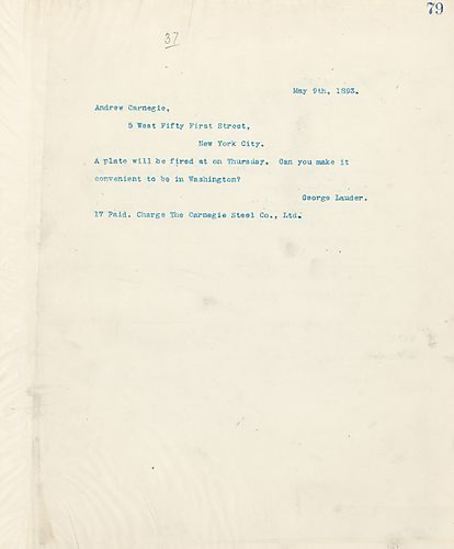 Frick wires Carnegie asking him if he can make it to Washington [D.C.] for a plate testing